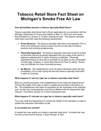 Tobacco Retail Store Fact Sheet on Michigan's Smoke Free Air Law