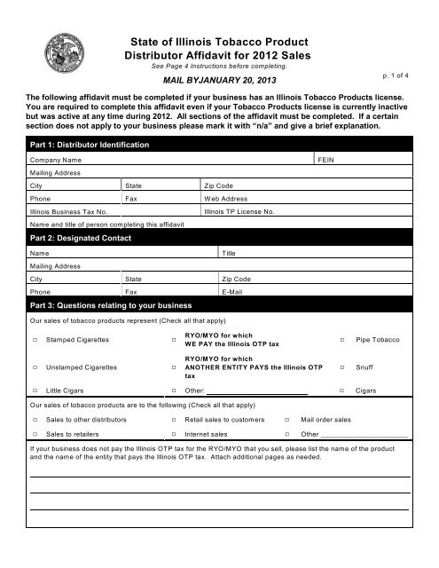 otp tobacco State of Illinois Tobacco Product Distributor Affidavit for 2012 Sales
