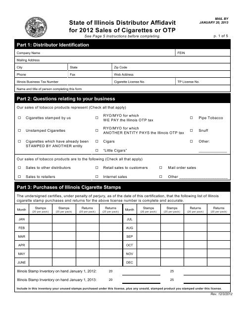 illinois tobacco license application State of Illinois Distributor Affidavit for 2012 Sales of Cigarettes or OTP
