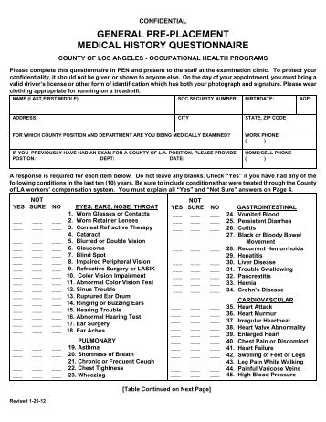 GENERAL PRE-PLACEMENT MEDICAL HISTORY QUESTIONNAIRE