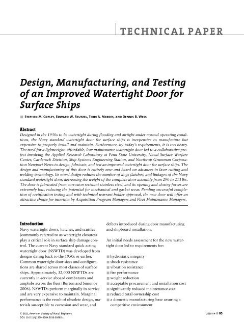 Design, Manufacturing, and Testing of an Improved Watertight Door ...