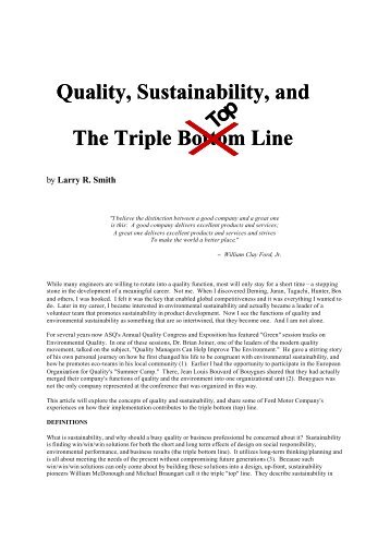 Quality, Sustainability, and The Triple Bottom Line - EOQ