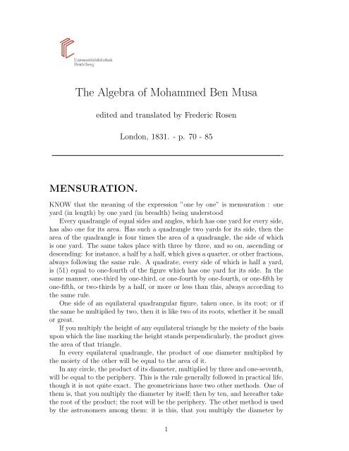 The Algebra of Mohammed Ben Musa