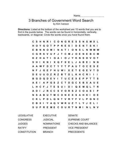 3 Branches of Government Word Search