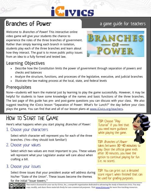 Teacher's guide to using Branches of Power in - iCivics