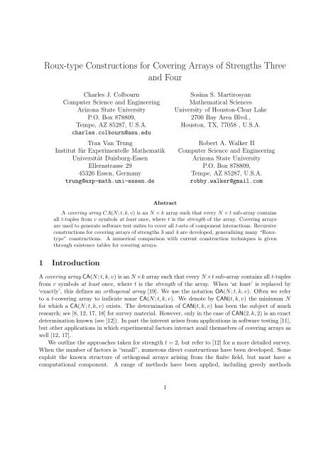 Roux-type Constructions for Covering Arrays of Strengths Three and ...