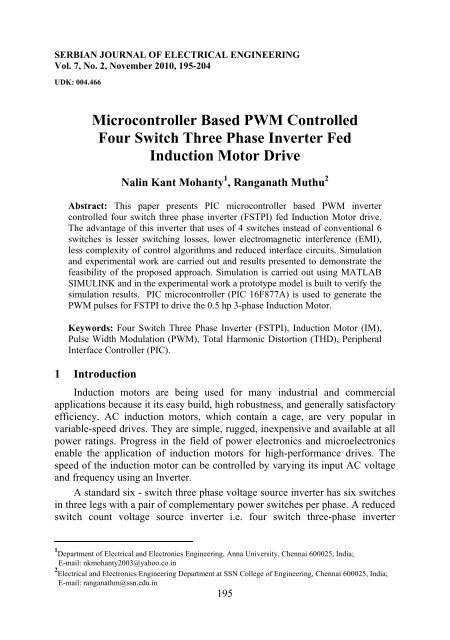 Microcontroller Based PWM Controlled Four Switch Three Phase ...