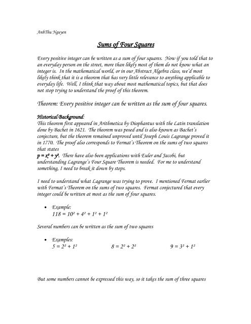 SOLVED: Theorem 8.35 (Lagrange's Four-Square Theorem) then n can be  expressed as the sum If n is a number; of four squares: natural lattice A  in 4-space is a set of the