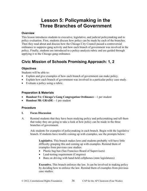 Lesson 5: Policymaking in the Three Branches of Government