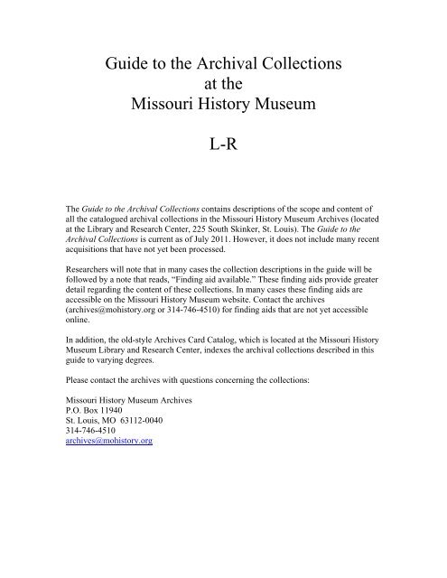 Guide To The Archival Collections L R Pdf Missouri History Museum