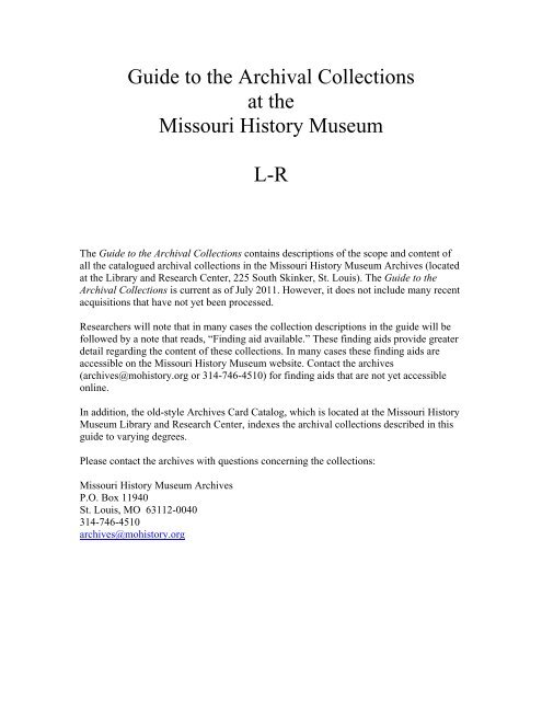 Guide to the Archival Collections, L-R.pdf - Missouri History Museum