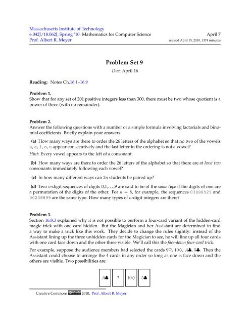 6.042J Mathematics for Computer Science, Problem Set 09 - MIT ...