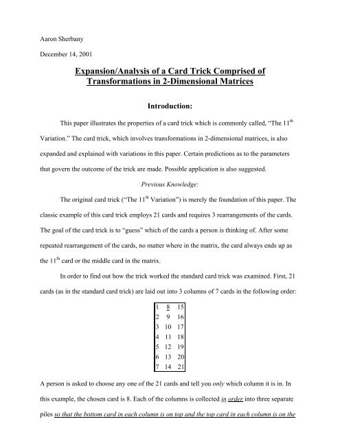 Expansion/Analysis of a Card Trick Comprised of ... - Mu Alpha Theta