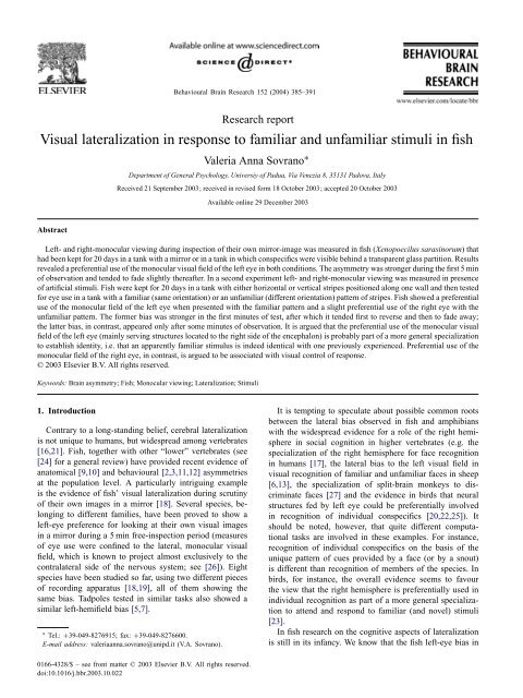 Visual lateralization in response to familiar and unfamiliar ... - CPRG