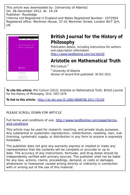 Aristotle on Mathematical Truth - University of Alberta