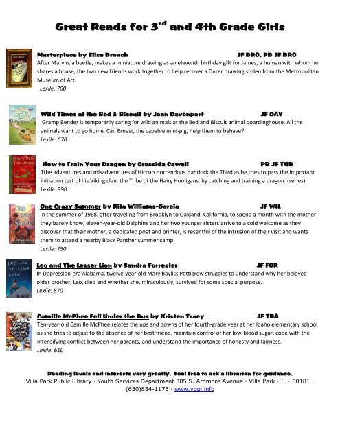 Great Reads for 3rd and 4th Grade Girls - Villa Park Public Library