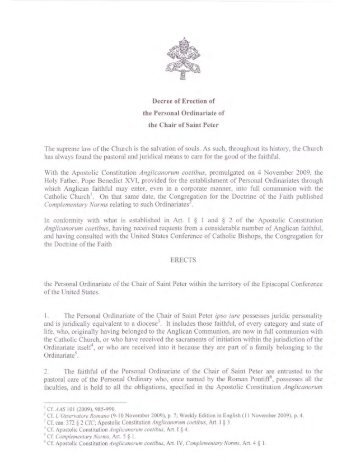Decree - Personal Ordinariate of the Chair of St. Peter