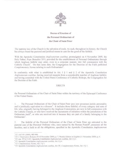 Decree Personal Ordinariate Of The Chair Of St Peter