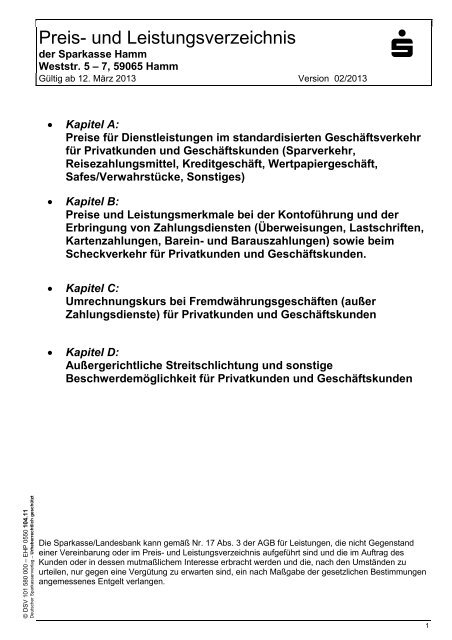 Preis- und Leistungsverzeichnis - Sparkasse Hamm