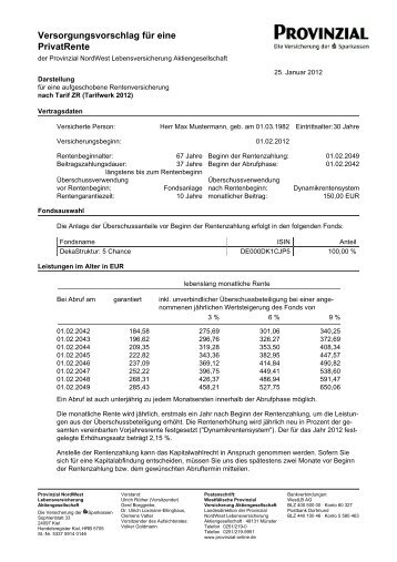 Versorgungsvorschlag für eine PrivatRente nach Tarif ZR