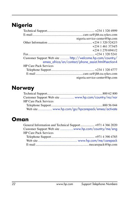 Support Telephone Numbers - HP