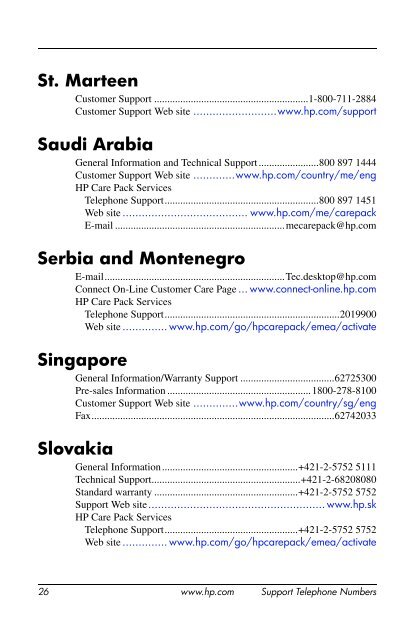 Support Telephone Numbers - HP