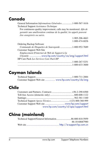 Support Telephone Numbers - HP