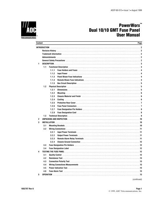 PowerWorx™ Dual 10/10 GMT Fuse Panel™ User Manual - ADC.com