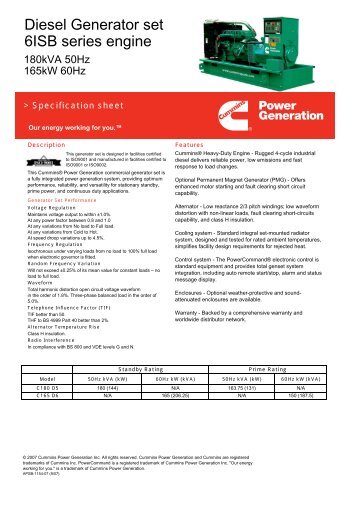 Diesel Generator set 6ISB series engine - Cummins