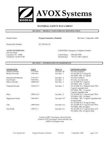 Oxygen Generator - Airbus Type MSDS - AVOX Systems, Inc.