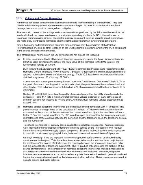 35 kV and Below INTERCONNECTION REQUIREMENTS - BC Hydro