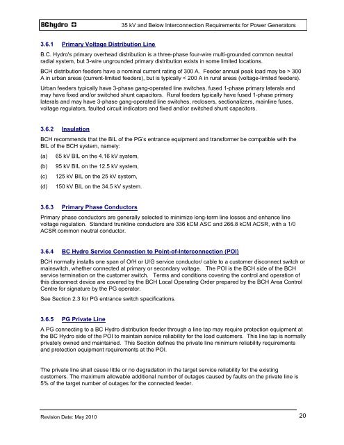 35 kV and Below INTERCONNECTION REQUIREMENTS - BC Hydro
