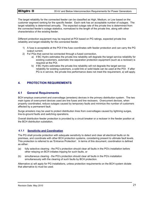 35 kV and Below INTERCONNECTION REQUIREMENTS - BC Hydro