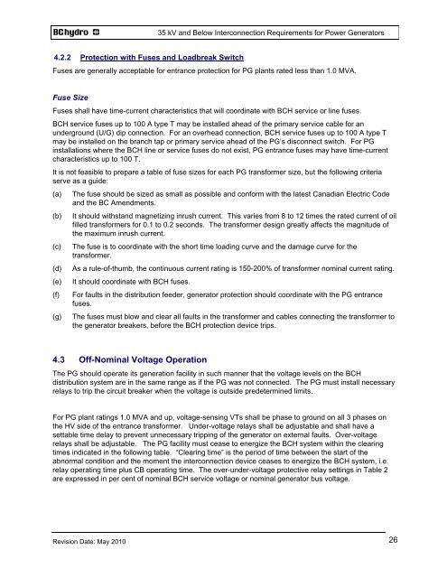 35 kV and Below INTERCONNECTION REQUIREMENTS - BC Hydro