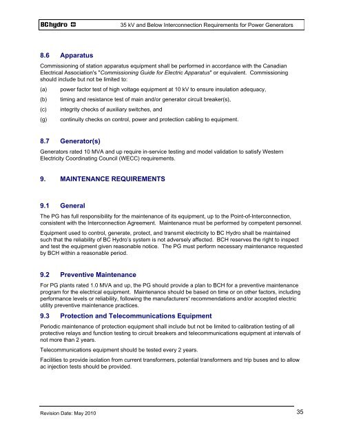 35 kV and Below INTERCONNECTION REQUIREMENTS - BC Hydro