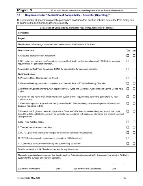 35 kV and Below INTERCONNECTION REQUIREMENTS - BC Hydro