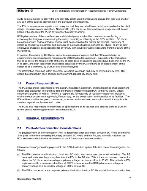 35 kV and Below INTERCONNECTION REQUIREMENTS - BC Hydro