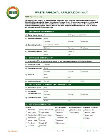 WASTE APPROVAL APPLICATION (WAA) - Tervita