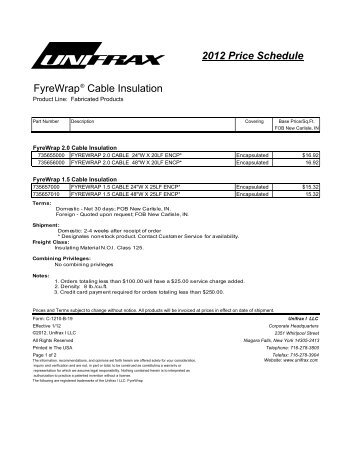 2012 Price Schedule FyreWrap® Cable Insulation - Unifrax