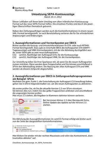 Umsetzung SEPA-Kontoauszüge - Sparkasse Worms-Alzey-Ried