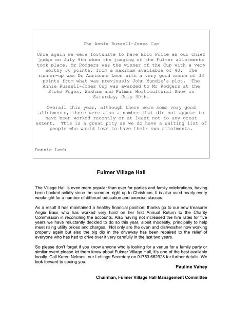 FULMER NEWSLETTER - Fulmer Village