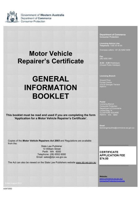 Motor vehicle repairer's certificate - information booklet