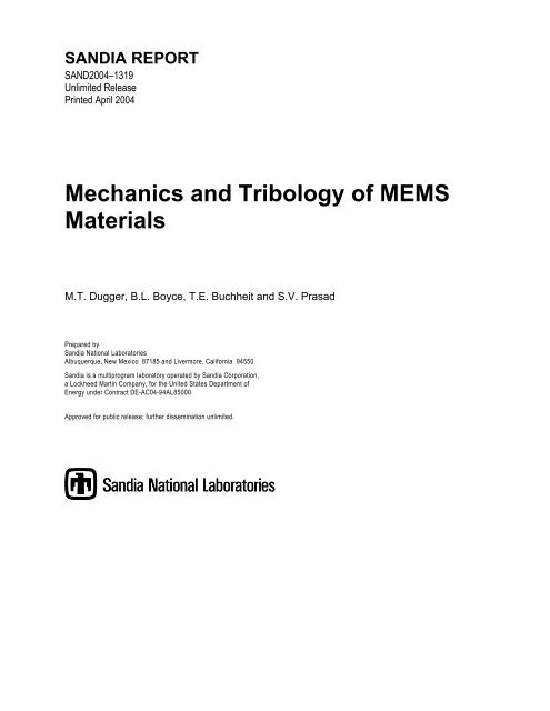 Mechanics And Tribology Of Mems Materials Prodsandiagov - 