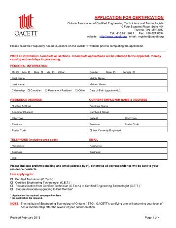 APPLICATION FOR CERTIFICATION - oacett