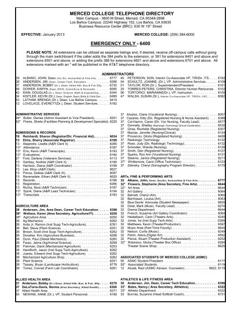 MERCED COLLEGE TELEPHONE DIRECTORY EMERGENCY ...