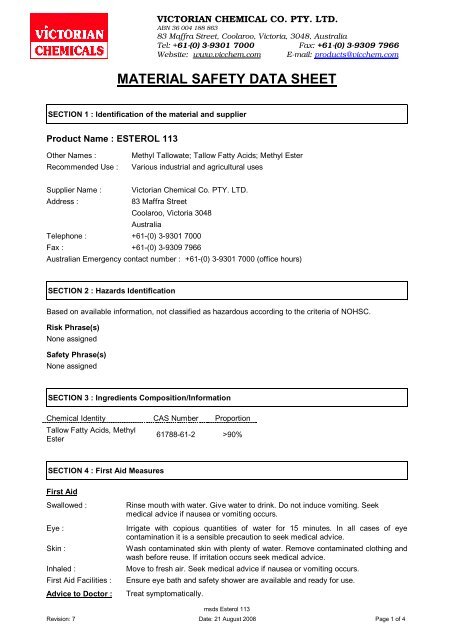 ESTEROL 113 Methyl Tallowate - Victorian Chemicals