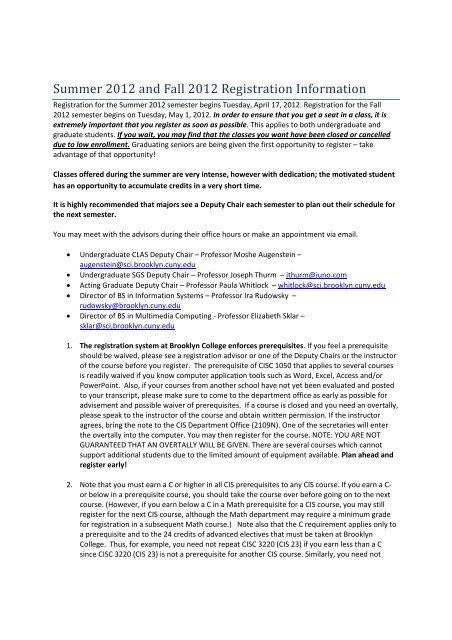 Summer And Fall 2012 Registration Letter - Brooklyn College - Cuny