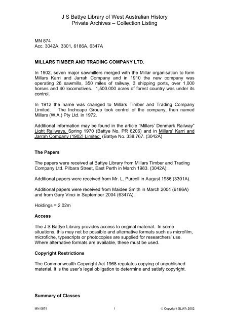 millars timber and trading company ltd. - State Library of Western ...