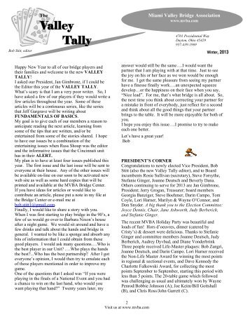 Valley Tally January 2013 - Miami Valley Bridge Association