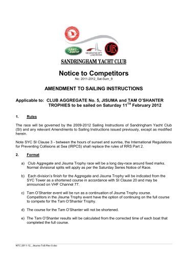 Notice to Competitors - Sandringham Yacht Club